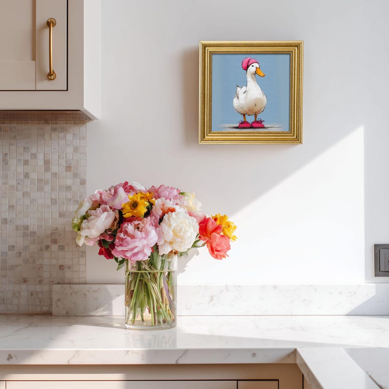 Mini Goose Oil Painting in Gold Frame: Hand-Painted Nursery Wall Art