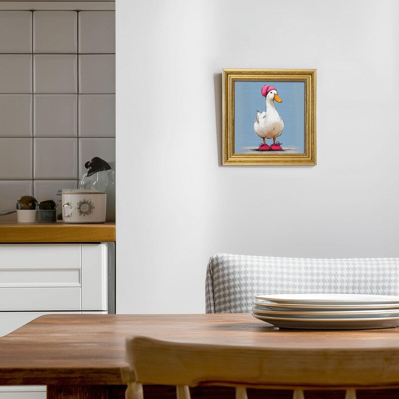 Mini Goose Oil Painting in Gold Frame: Hand-Painted Nursery Wall Art