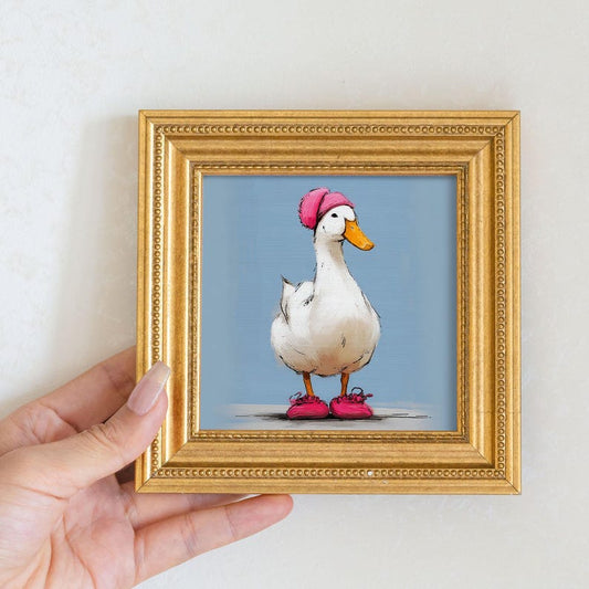 Mini Goose Oil Painting in Gold Frame: Hand-Painted Nursery Wall Art