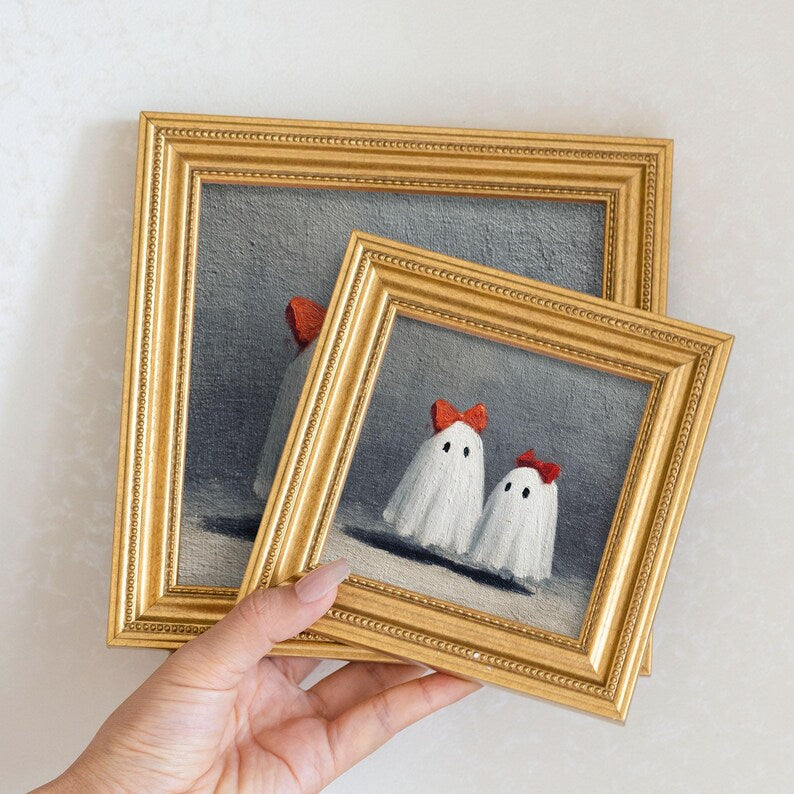 Hand-Painted Halloween Ghost Oil Painting - Whimsical Miniature Gold Frame
