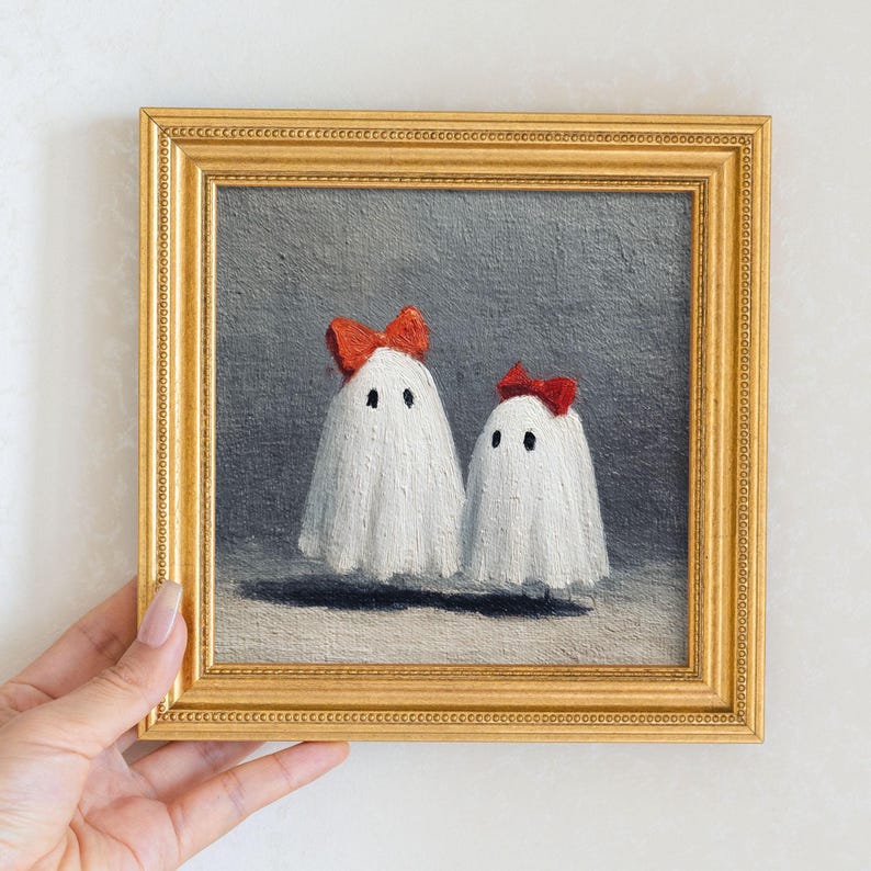 Hand-Painted Halloween Ghost Oil Painting - Whimsical Miniature Gold Frame