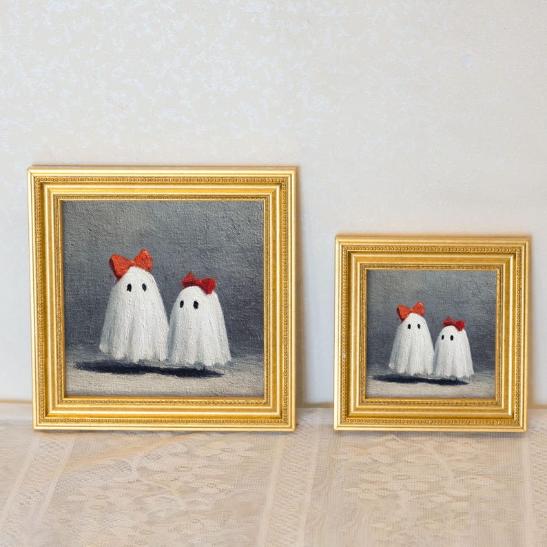 Hand-Painted Halloween Ghost Oil Painting - Whimsical Miniature Gold Frame