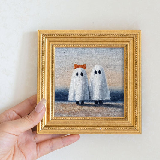 Hand-Painted Oil Painting of Couple Ghosts , Mini Spooky Wall Art, Halloween Home Decor, Gift for Couples, Whimsical Miniature Gold Frame