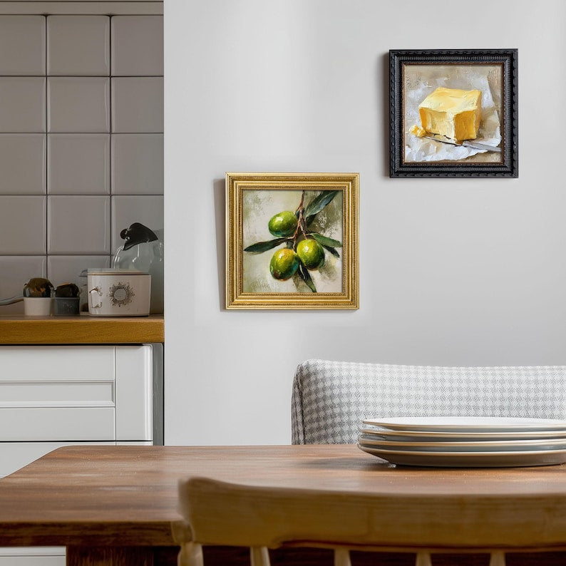 Still Life Olive Oil Painting: Kitchen Wall Art Decor, 5X5 Canvas Artwork Gift
