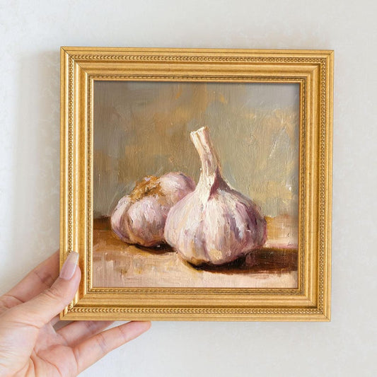 Mini Garlic Bulbs Oil Painting in Gold Frame, Rustic Fall Kitchen Wall Decor , Still Life Art Gift for Wall Art Decor Lover or Foodie