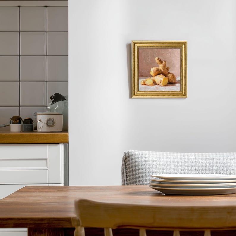 Mini Ginger Root Oil Painting: Rustic Kitchen Still Life in Gold Frame