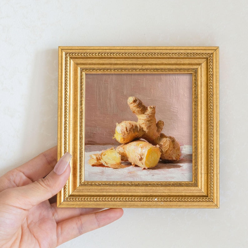 Mini Ginger Root Oil Painting: Rustic Kitchen Still Life in Gold Frame