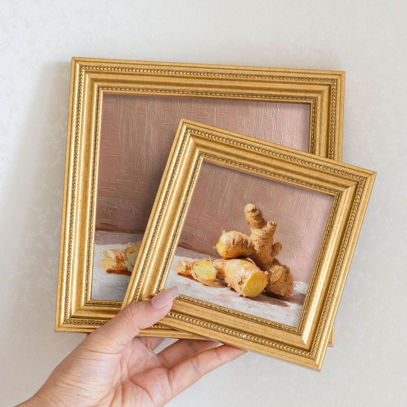 Mini Ginger Root Oil Painting: Rustic Kitchen Still Life in Gold Frame