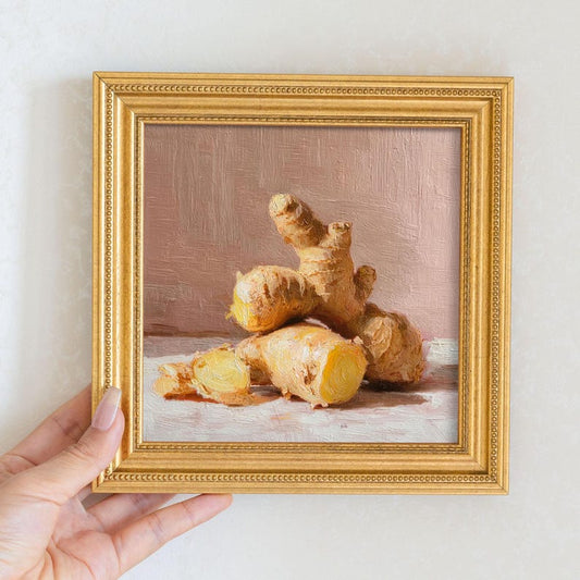Mini Ginger Root Oil Painting: Rustic Kitchen Still Life in Gold Frame