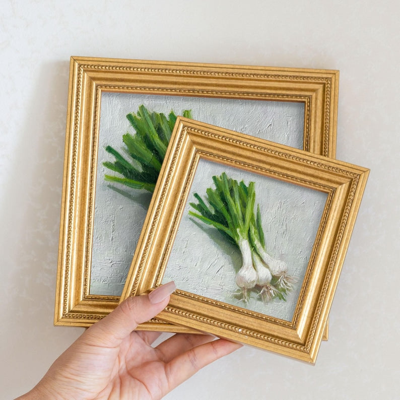 Mini Green Onions Oil Painting in Gold Frame, Rustic Fall Kitchen Wall Decor , Still Life Art Gift for Wall Art Decor Lover