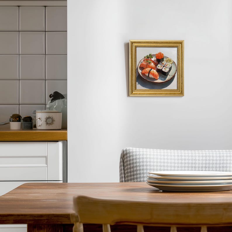 Mini Sushi Oil Painting: Japanese Food Art, Gold Frame