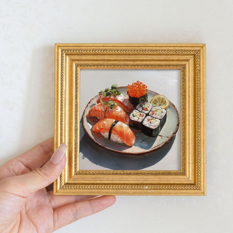 Mini Sushi Oil Painting: Japanese Food Art, Gold Frame