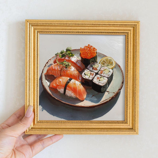Mini Sushi Oil Painting: Japanese Food Art, Gold Frame