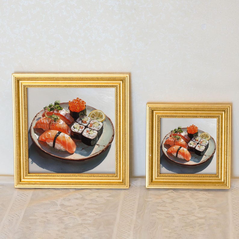 Mini Sushi Oil Painting: Japanese Food Art, Gold Frame