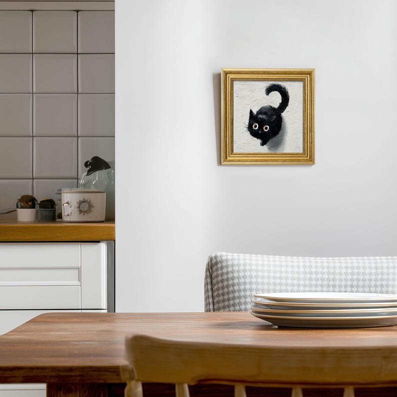 Mini Black Cat Oil Painting in Gold Frame: Quirky Home Decor