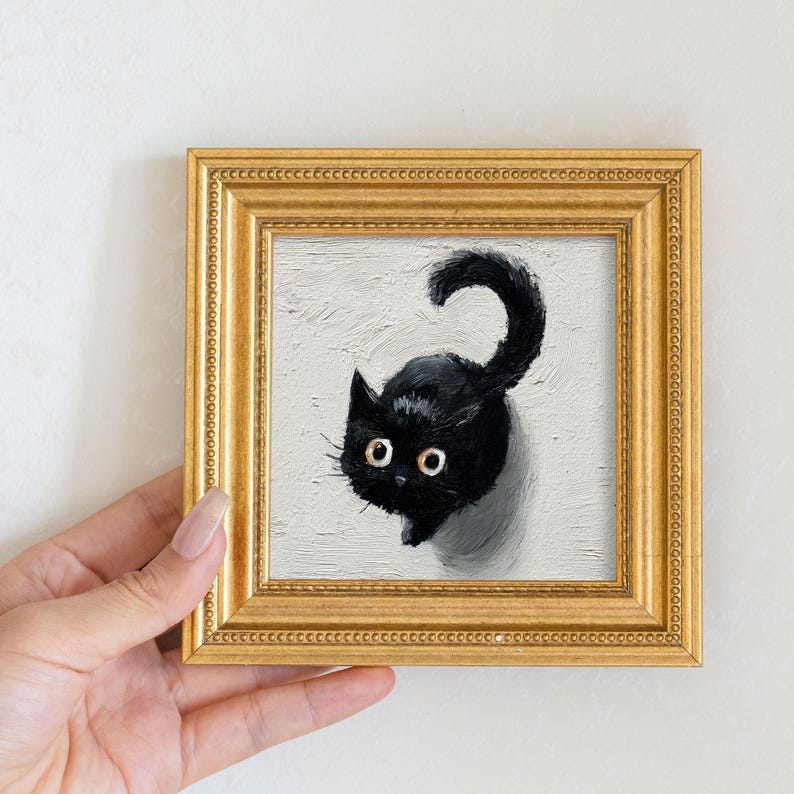 Mini Black Cat Oil Painting in Gold Frame: Quirky Home Decor