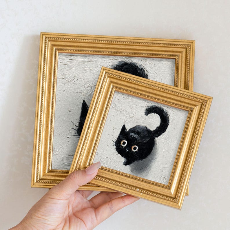 Mini Black Cat Oil Painting in Gold Frame: Quirky Home Decor