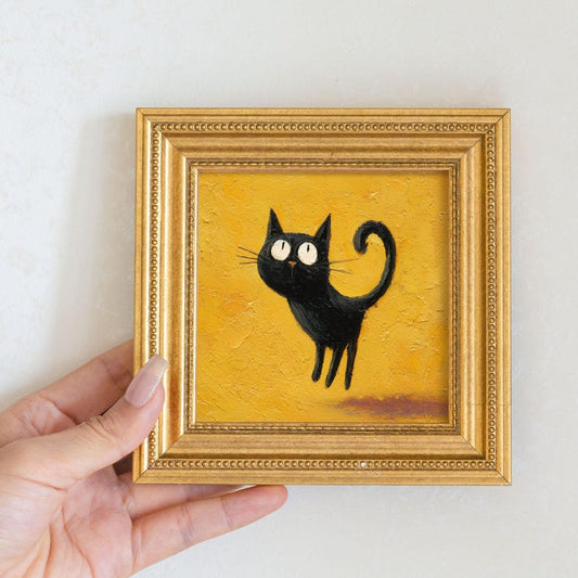 Mini Jumping Cat Oil Painting in Gold Frame: Quirky Home Decor