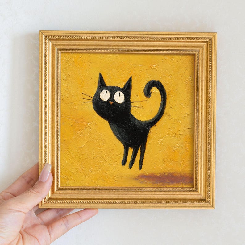 Mini Jumping Cat Oil Painting in Gold Frame: Quirky Home Decor