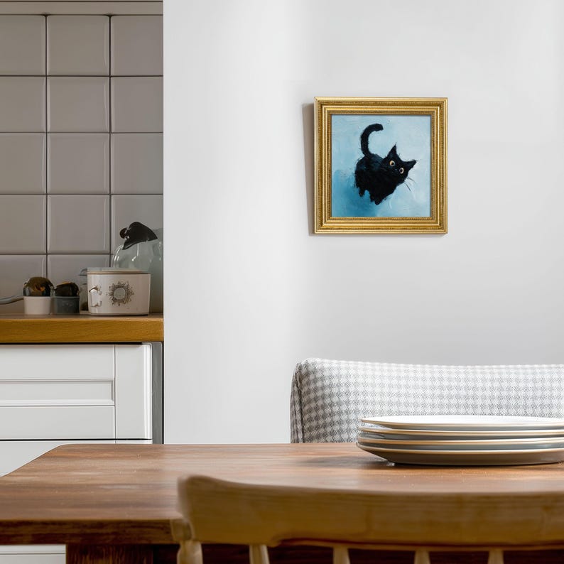 Mini Black Cat Oil Painting in Gold Frame: Quirky Home Decor