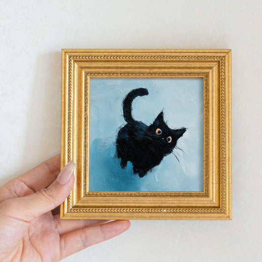 Mini Black Cat Oil Painting in Gold Frame: Quirky Home Decor