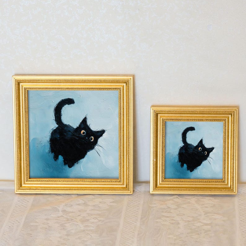 Mini Black Cat Oil Painting in Gold Frame: Quirky Home Decor