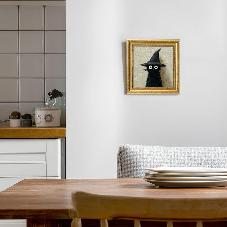 Mini Witch Cat Oil Painting in Gold Frame, Halloween Gift for Cat Lovers and Wall Decor Fans, Original Painting for House and Office Decor