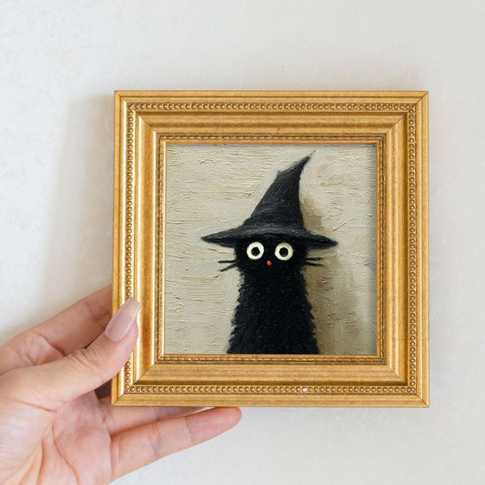 Mini Witch Cat Oil Painting in Gold Frame, Halloween Gift for Cat Lovers and Wall Decor Fans, Original Painting for House and Office Decor