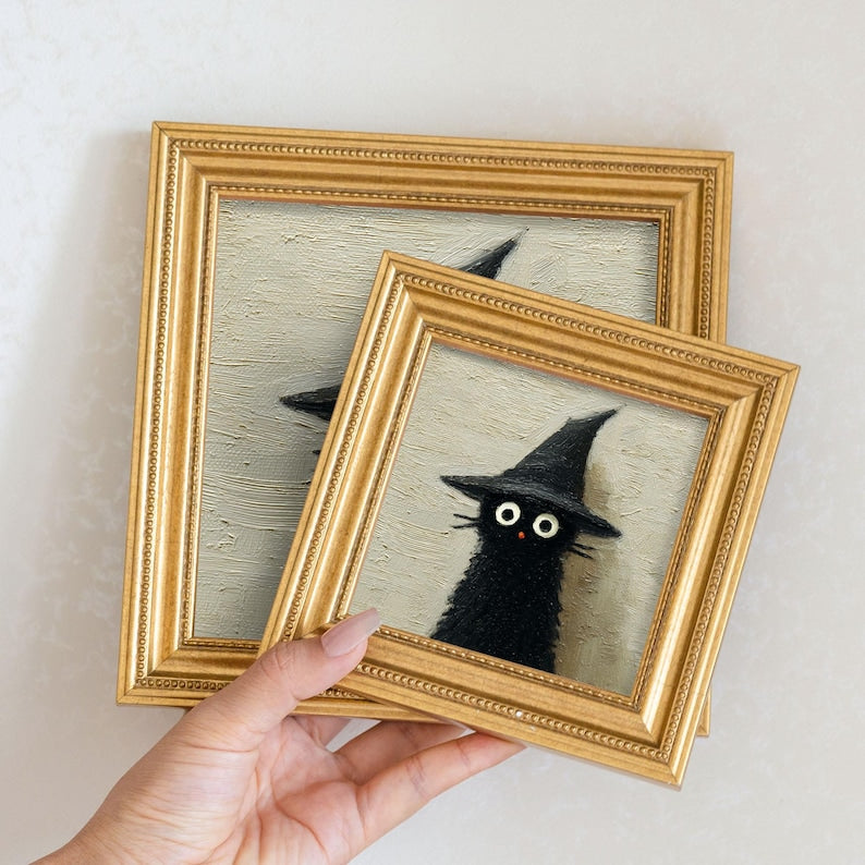 Mini Witch Cat Oil Painting in Gold Frame, Halloween Gift for Cat Lovers and Wall Decor Fans, Original Painting for House and Office Decor