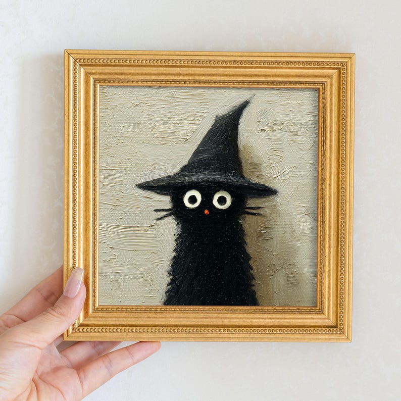 Mini Witch Cat Oil Painting in Gold Frame, Halloween Gift for Cat Lovers and Wall Decor Fans, Original Painting for House and Office Decor