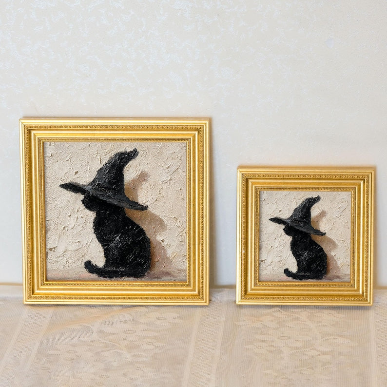 Mini Witch Cat Oil Painting in Gold Frame, Halloween Gift for Cat Lovers and Wall Decor Fans, Original Painting for House and Office Decor