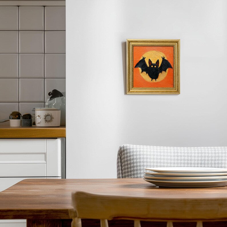 Hand-Painted Halloween Oil Painting of Bat, Spooky Cute Wall Art, Funny Miniature Gold Frame, Gothic Halloween Decor, Gift for Him or Her