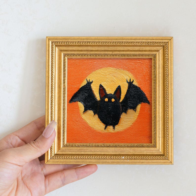 Hand-Painted Halloween Oil Painting of Bat, Spooky Cute Wall Art, Funny Miniature Gold Frame, Gothic Halloween Decor, Gift for Him or Her