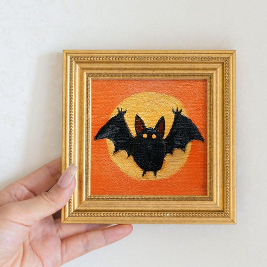 Hand-Painted Halloween Oil Painting of Bat, Spooky Cute Wall Art, Funny Miniature Gold Frame, Gothic Halloween Decor, Gift for Him or Her