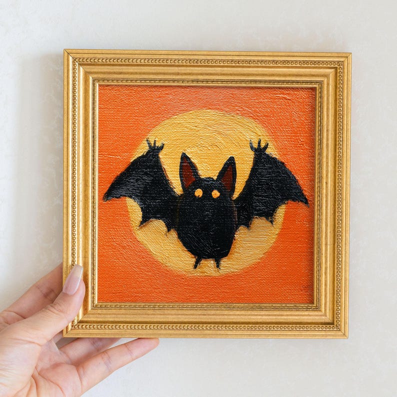 Hand-Painted Halloween Oil Painting of Bat, Spooky Cute Wall Art, Funny Miniature Gold Frame, Gothic Halloween Decor, Gift for Him or Her