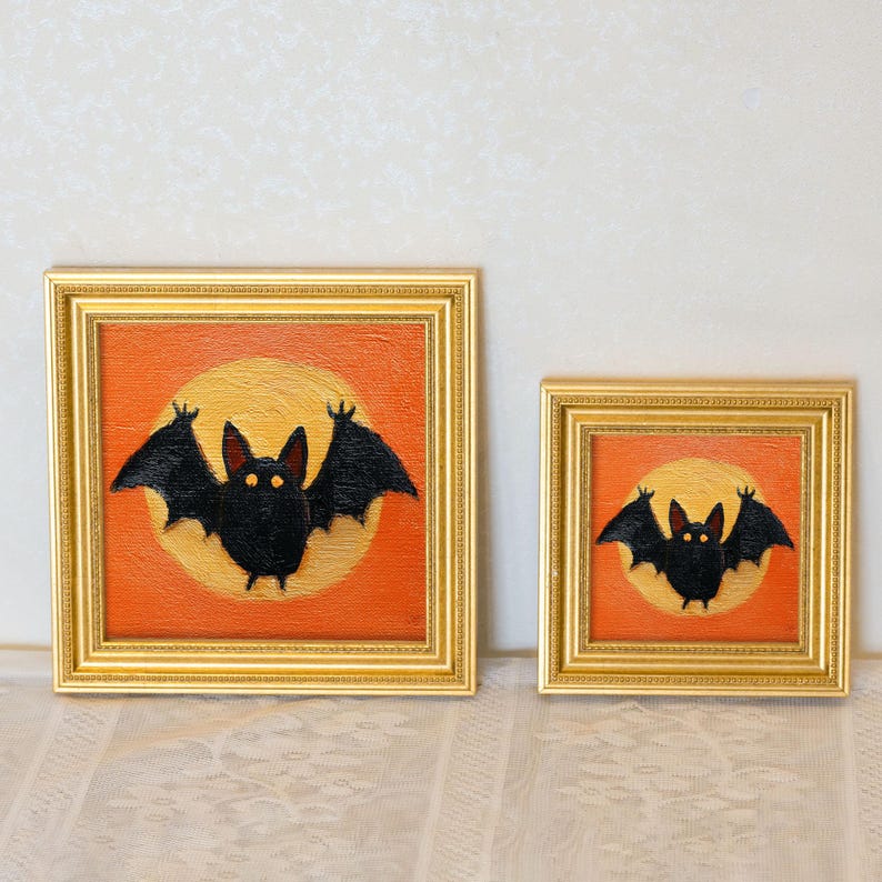 Hand-Painted Halloween Oil Painting of Bat, Spooky Cute Wall Art, Funny Miniature Gold Frame, Gothic Halloween Decor, Gift for Him or Her
