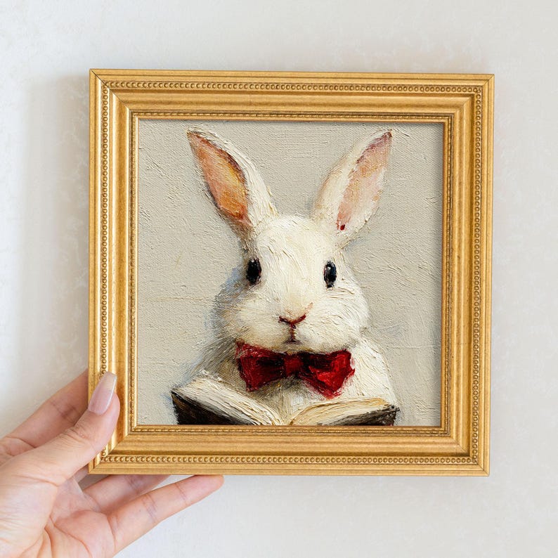 Hand-Painted Rabbit Oil Painting in Gold Frame: Mini Animal Wall Art