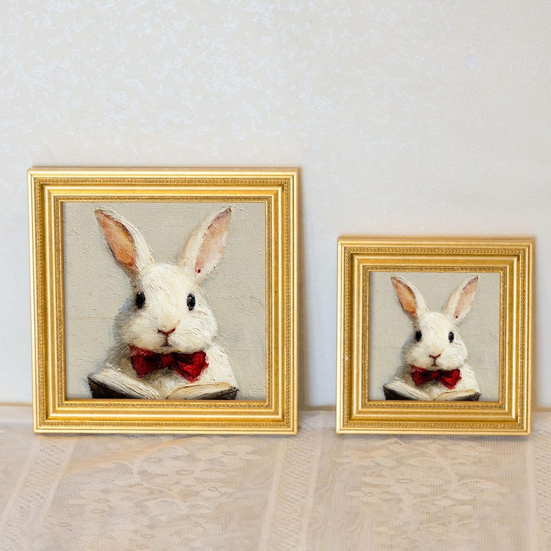 Hand-Painted Rabbit Oil Painting in Gold Frame: Mini Animal Wall Art