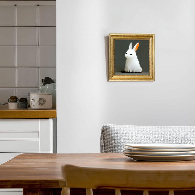 Mini Bunny Oil Painting in Gold Frame: Hand-Painted Rabbit Art