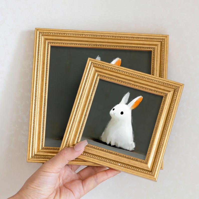 Mini Bunny Oil Painting in Gold Frame: Hand-Painted Rabbit Art
