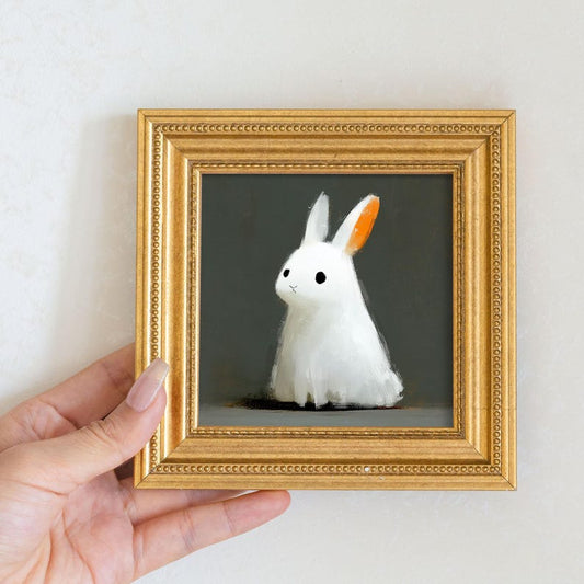 Mini Bunny Oil Painting in Gold Frame: Hand-Painted Rabbit Art