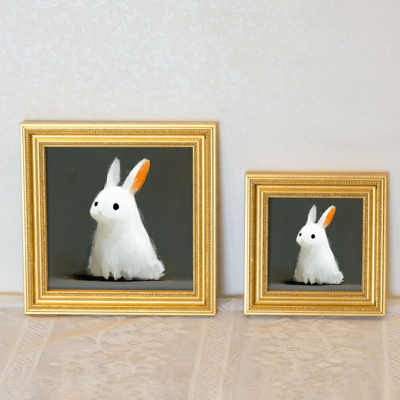 Mini Bunny Oil Painting in Gold Frame: Hand-Painted Rabbit Art