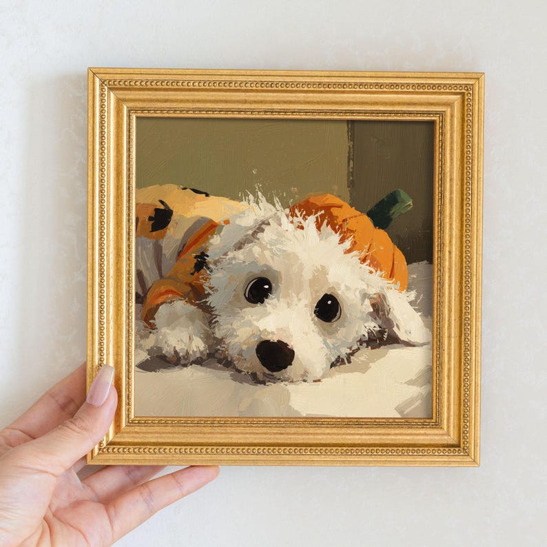 Hand-Painted Puppy Oil Painting in Gold Frame: Dog Lover Gift