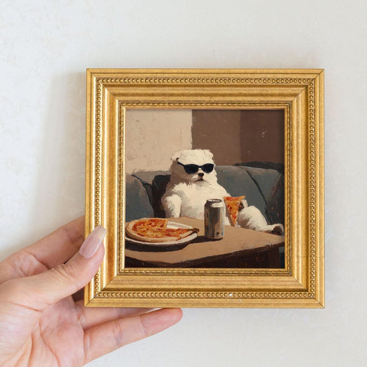 Mini Dog Oil Painting in Gold Frame: Hand-Painted Puppy Portrait