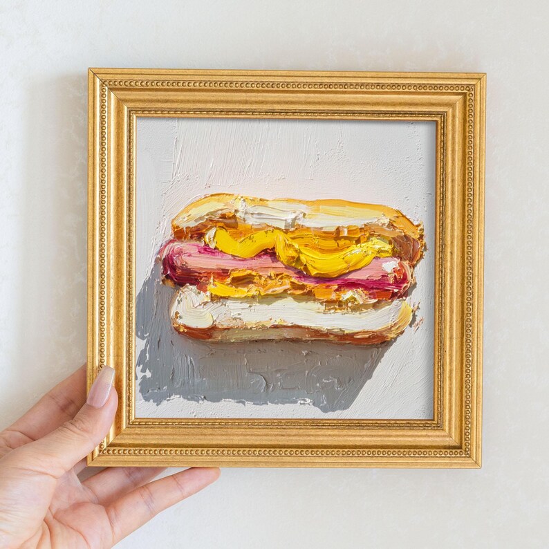 Hand-Painted Sandwich Oil Painting in Gold Frame: French Cafe Wall Art