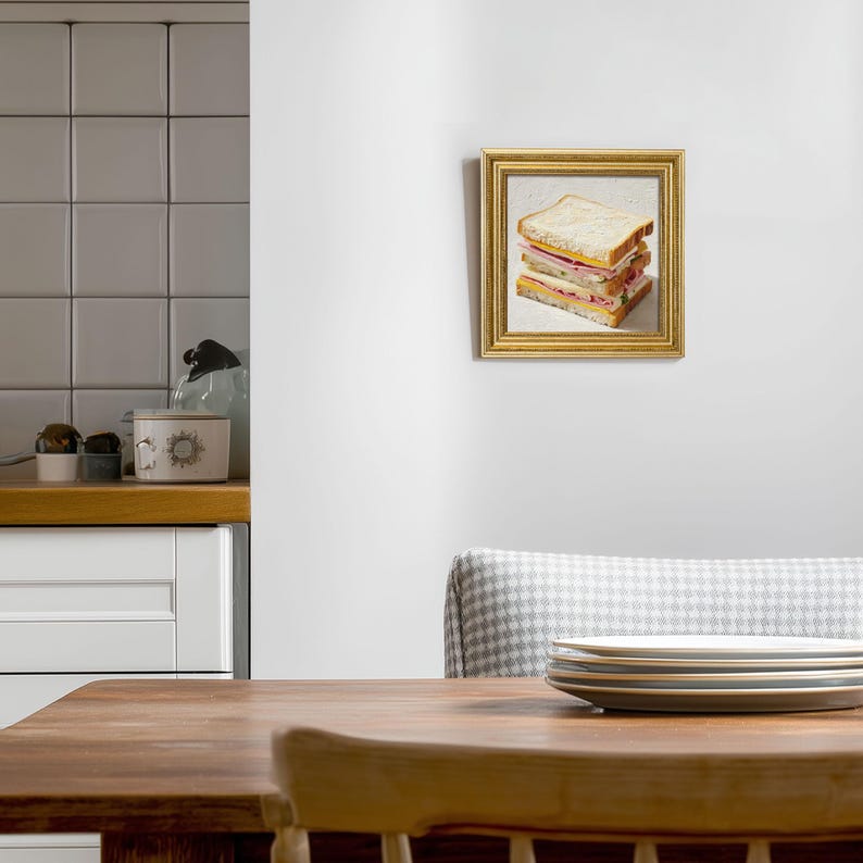Hand-Painted Sandwich Oil Painting in Gold Frame: French Cafe Wall Art