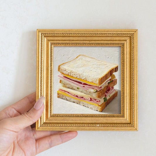 Hand-Painted Sandwich Oil Painting in Gold Frame: French Cafe Wall Art