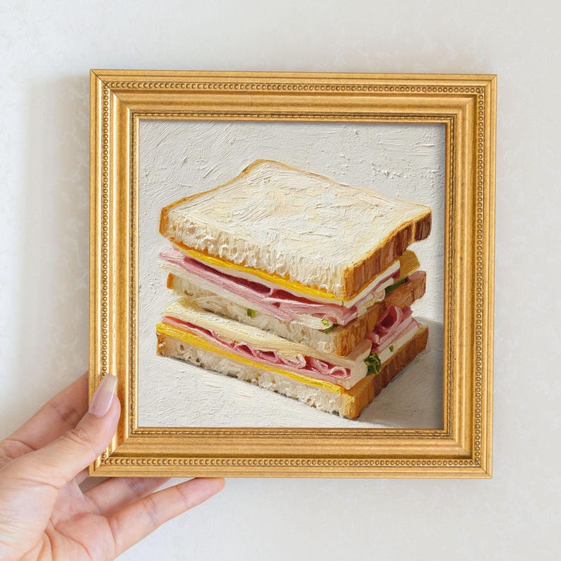 Hand-Painted Sandwich Oil Painting in Gold Frame: French Cafe Wall Art