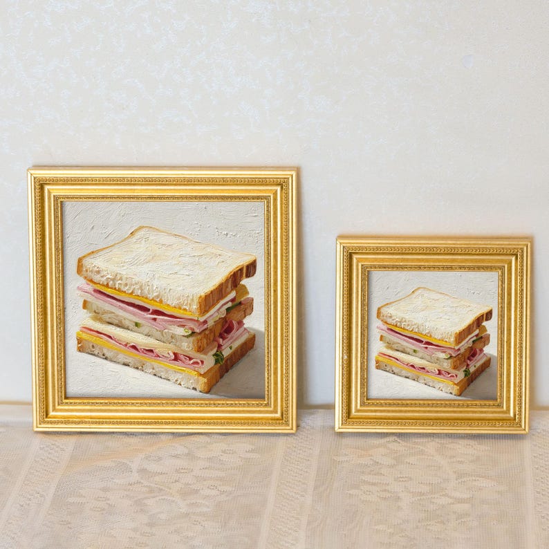 Hand-Painted Sandwich Oil Painting in Gold Frame: French Cafe Wall Art