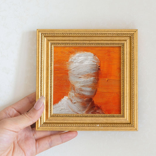 Mini Mummy Oil Painting in Gold Frame: Spooky Halloween Decor